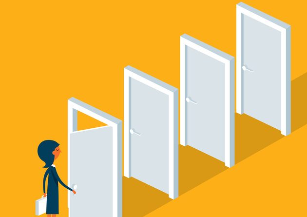 door blocks - Businesswoman Cartoon woman standing in front of an open door; behind it three closed doors.