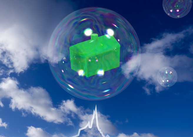 House floating in the sky with a bubble around it.