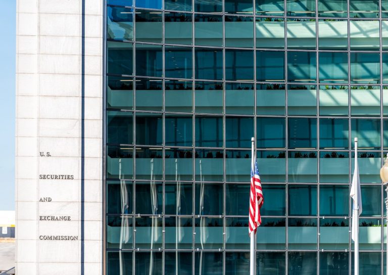 US United States Securities and Exchange Commission SEC entrance architecture modern building sign, logo, american flag, glass windows Washington DC, USA - October 12, 2018: US United States Securities and Exchange Commission SEC entrance architecture modern building sign, logo, american flag, glass windows