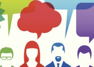 Stylized illustration of four silhouetted people in various colors, each with a word balloon without words in it.