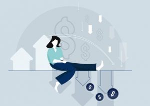 Illustration woman sitting on a bench, with a background design connoting money and arrows pointing up
