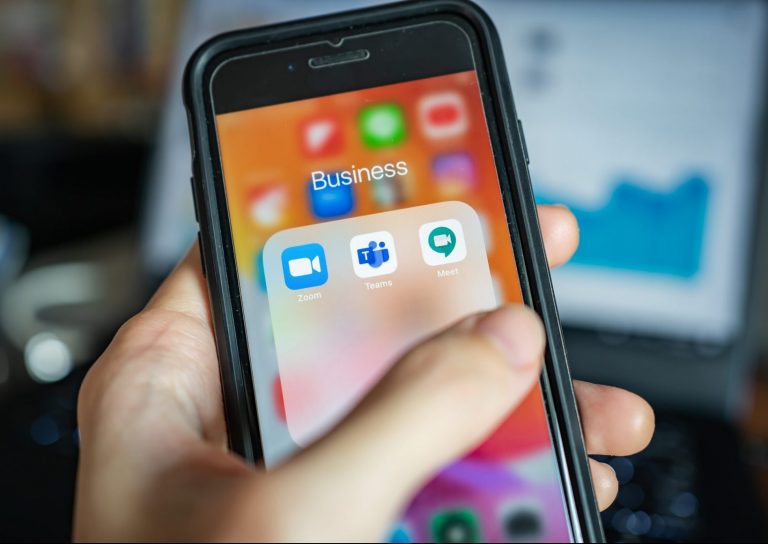 Popular online meeting applications on iPhone Bangkok, Thailand - April 1, 2020 : iPhone 7 showing its screen with popular online meeting applications which are Zoom, Microsoft Teams and Hangouts Meet by Google.