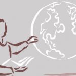 Sketch illustration of a lecturer pointing to what looks like a white chalk rendering of a globe on a blackboard.