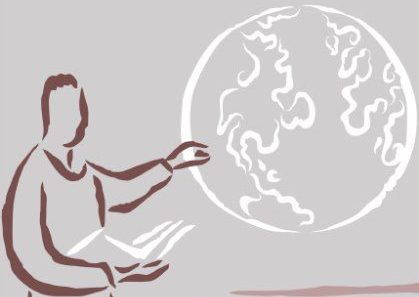Sketch illustration of a lecturer pointing to what looks like a white chalk rendering of a globe on a blackboard.