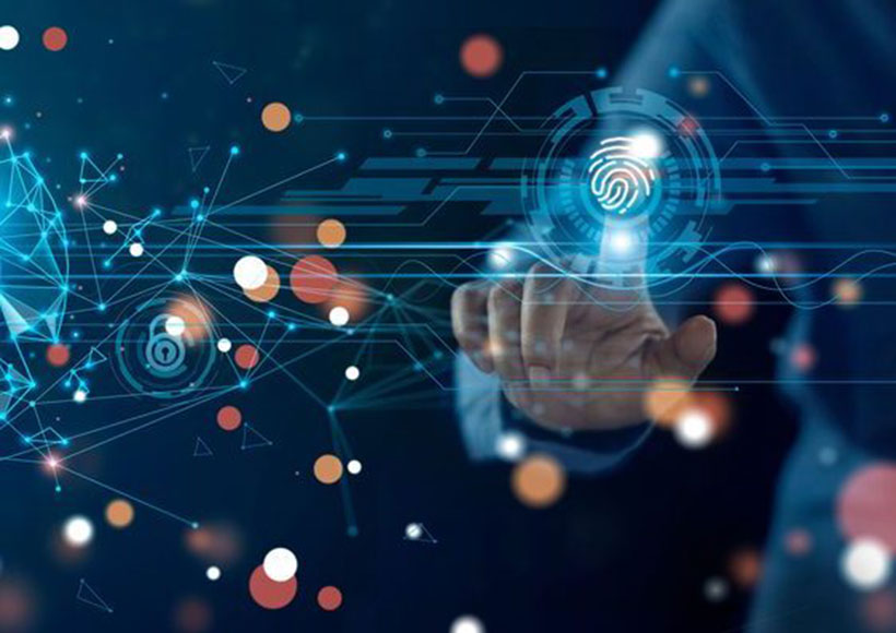 biometric-privacy-1334590466-e1660929164593 A somewhat abstract illustration of a finger pointing, a fingerprint image superimposed over it, with various object in space around it.