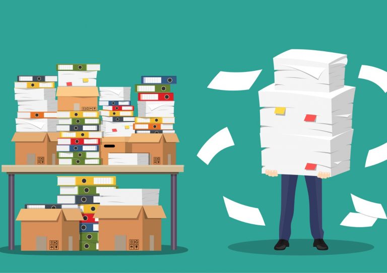 businessman-holds-pile-of-office-papers-and-documents-vector-id862196618 Technology Helps Legal Ops Fix Legal Department Mistakes