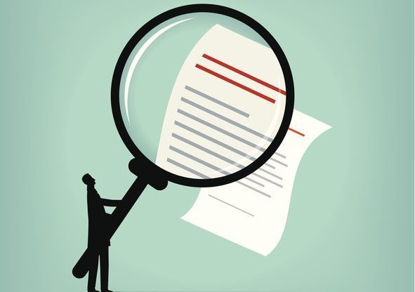 Contract Ilustration of tiny black figure holding a giant mangifying glass over a piece of paper with lines of writing on it.