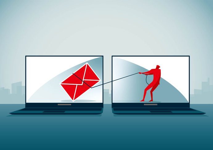 Image of human figure on a compouter screen, as he is pulling a rope attached to an envelope that is imaged on an adjacent computer screen.