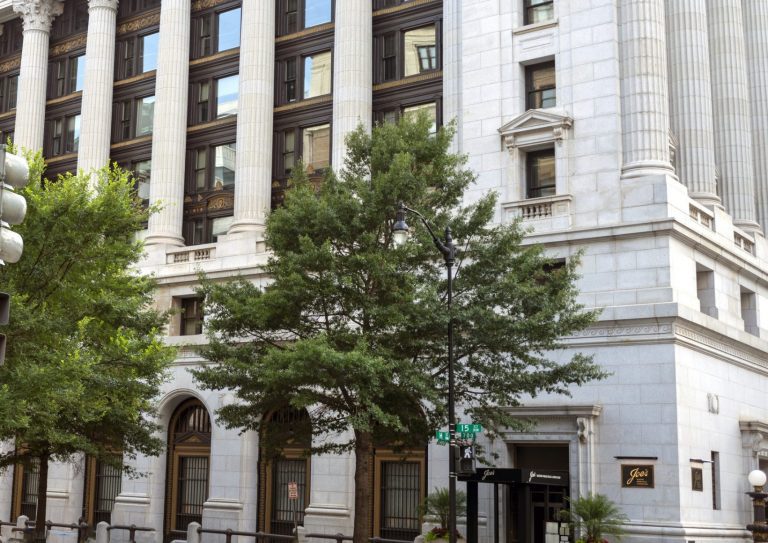 Washington, D.C., USA - July 11, 2014: American Bar Association in the Union Trust Building, opened 1906, architect George A. Fuller, Neoclassical style, 740 15th Street, sunny day, no people