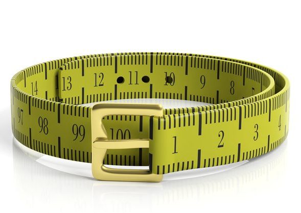 An illustration of a measuring tape, shown in a circle as if it were a belt, with a belt buckle also shown.