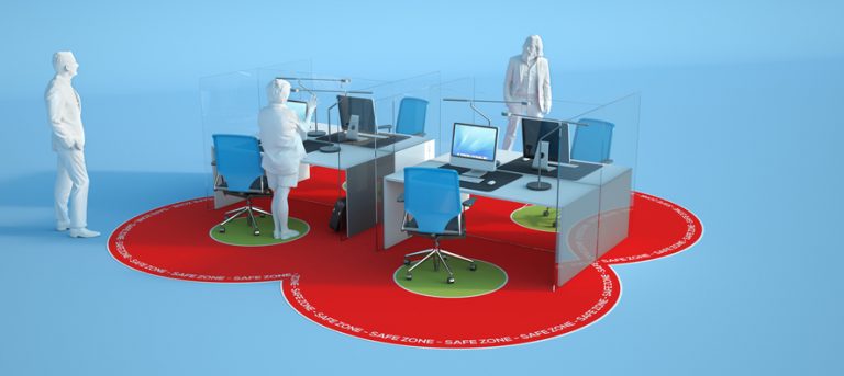 Post Covid office design Three ghostly or plaster human figures lurking around office desks with computer screens on them.