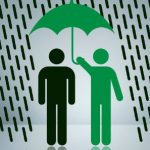 Two human-like figures green and black, the green one holding a green umbrella as lines representing rain fall arouind them.
