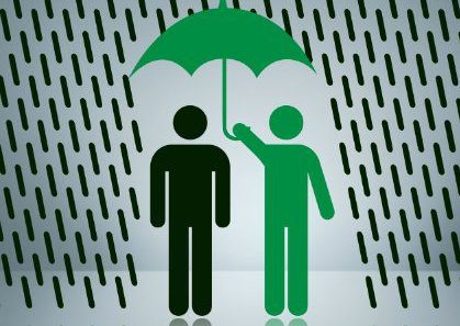 Two human-like figures green and black, the green one holding a green umbrella as lines representing rain fall arouind them.