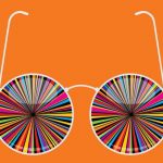 A pair of glasses with "psychedelic" design where lenses should be, on a bright orange background.