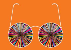 A pair of glasses with "psychedelic" design where lenses should be, on a bright orange background.