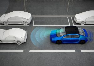 Diagram-like illustration of self-driving car sending out a signal in bumper-to-bumper traffic
