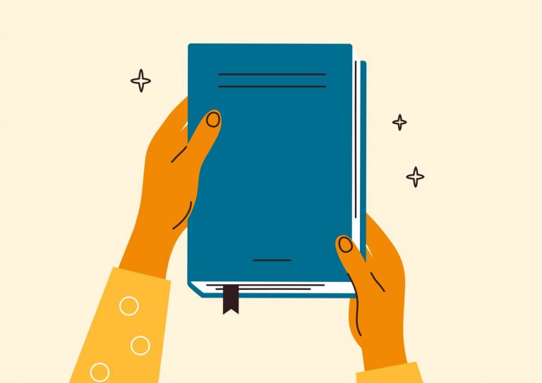 vector-illustration-of-human-hands-holding-closed-book-or-textbook-vector-id1328717787
