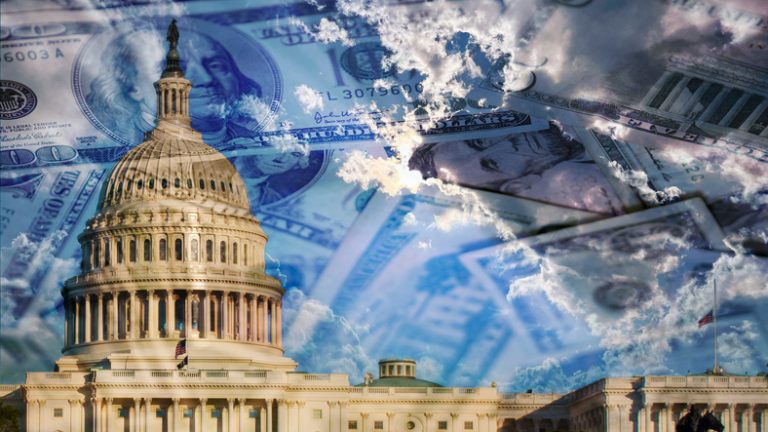 Image of U.S. Capital building with money floating around it.