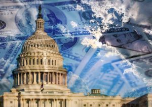 Image of U.S. Capital building with money floating around it.