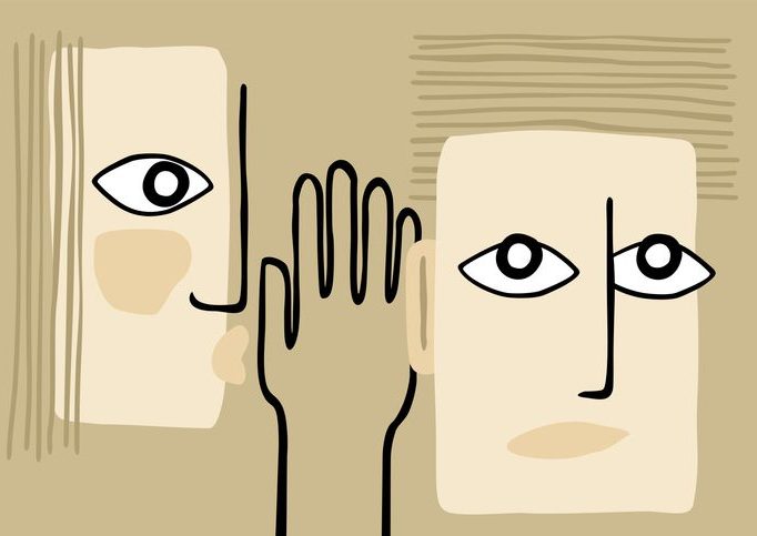 Fake news - abstract person whispers gossip Abtract illustration of one person whispering into another person's ear.