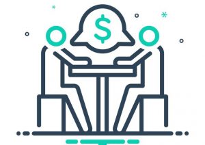 Two stick figures sitting across from each other at a table, discussing money.