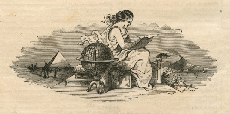 Ink sketch of a woman drawing, seated next to a globe, pyramid and other archaic objects