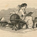 Ink sketch of a woman drawing, seated next to a globe, pyramid and other archaic objects