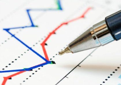 Ballpoint pen and stock market graphs. A pen poised over a graph with two graph lines on it.
