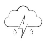 Simple line drawing: cloud split by lightening bolt with two drops of rain falling from the cloud.