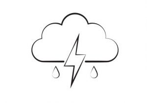 Simple line drawing: cloud split by lightening bolt with two drops of rain falling from the cloud.
