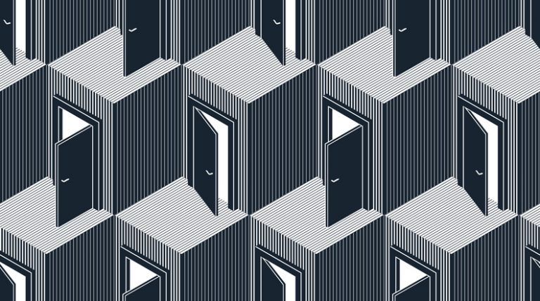 Abstract illustrationn or design featuring a pattern of slightly open doors in their door frames.