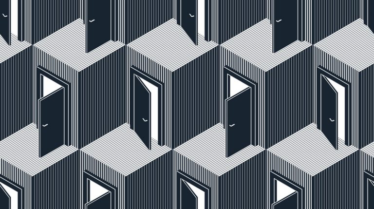 Doors seamless vector background, surreal 3D dimensional interior theme. Abstract illustrationn or design featuring a pattern of slightly open doors in their door frames.