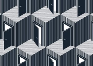 Abstract illustrationn or design featuring a pattern of slightly open doors in their door frames.