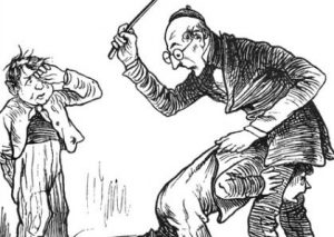 Retro drawing of school master raising a stick, about to spank a school boy.