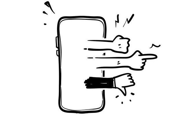 hand drawn doodle mobile phone and hand gesture symbol for cyber bullying illustration icon isolated Sketch of 3 arms coming out of a cell phone; one with fist, one with finger pointing straight, and one with thumb pointing down.