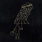 Bare outline of a figure with an umbrella, protecting it against a rain of zeros and ones.