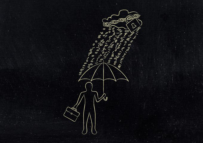 man with umbrella under binary code rain, data breach protection Bare outline of a figure with an umbrella, protecting it against a rain of zeros and ones.
