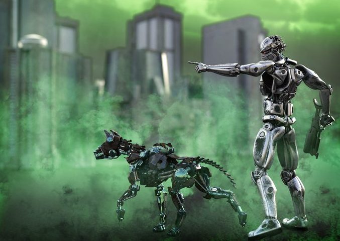 3D rendering of a futuristic mech soldier with dog. Surreal illustration of silvery robot figure pointing as if banishing a robotic looking dog.