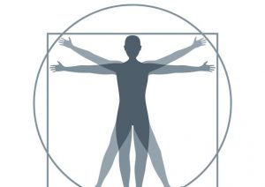 A drawing based on the famous DaVinci rending of a human form, arms outstretched, with a kind of geometic circle.