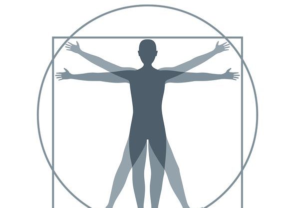 Cartoon Silhouette Vitruvian Man. Vector A drawing based on the famous DaVinci rending of a human form, arms outstretched, with a kind of geometic circle.
