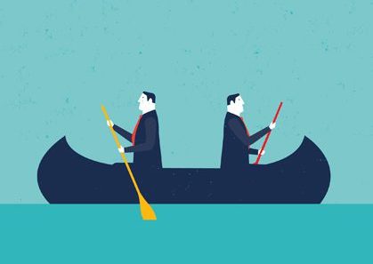 Opposition Conflict Interest cross purposes Serafin A two-person canoe, with the persons back to back and each paddling in a different direction.