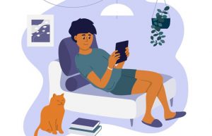 Color illustration of young person lounging on a chair looking at this computer.