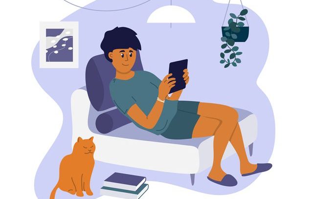Stay at home concept with man reading book on sofa Color illustration of young person lounging on a chair looking at this computer.
