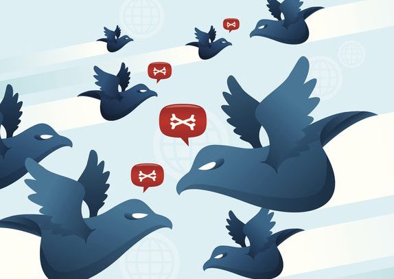 Blue birds war Illustration/Drawing of birds flying in a small flock, with what look to be angry word balloons.
