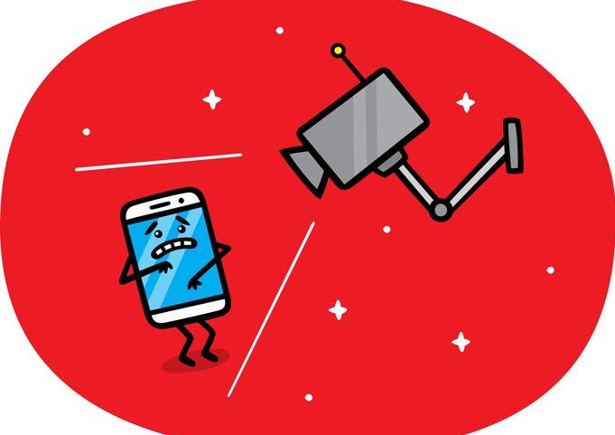 Smartphone Privacy Doodle Cartoonish illustration of a tv camera looking at a beleagured-looking cartoon cell phone screen