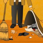 Color illustration of man sweeping debris - paper, etc. - under a rug.