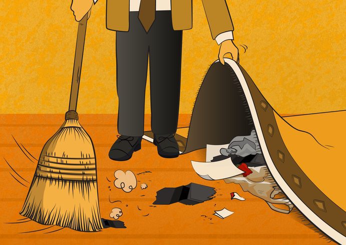 Color illustration of man sweeping debris - paper, etc. - under a rug.