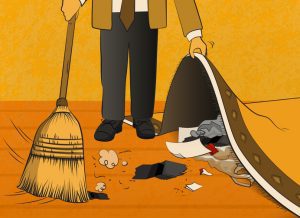 Color illustration of a man sweeping debris - paper, etc. - under a rug.