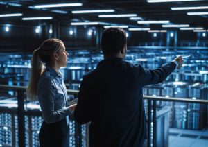 Two young techies looking out over what appears to be a bank of servers.