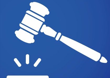 STRIKE GAVEL BLUE 420 Somewhat abstract illustration of judge's gavel striking a surface.